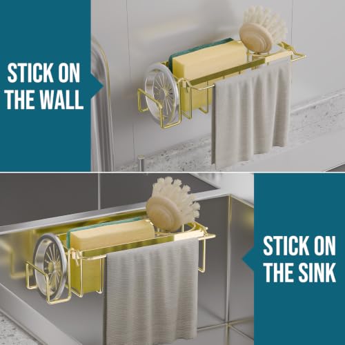 TAILI 4-in-1 Sponge Holder for Kitchen Sink with Strong Suction Cup-Gold | Removable Rustproof 304 Stainless Steel Multi-compartment Sponge Holder with Suction Cup, Keeps Brushes & Scrubbers Tidy - color: Gold, size: 7.28" x 2.36"
