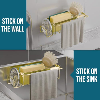 TAILI 4-in-1 Sponge Holder for Kitchen Sink with Strong Suction Cup-Gold | Removable Rustproof 304 Stainless Steel Multi-compartment Sponge Holder with Suction Cup, Keeps Brushes & Scrubbers Tidy - color: Gold, size: 7.28" x 2.36"