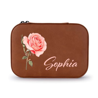 Custom Leather Jewelry Box with Name & Birth Flower Month, Birthday Gifts for Women, Personalized Jewelry Travel Case - Customized Jewelry Organizer Box, Mom Birthday Gifts, Chestnut - color: Chestnut