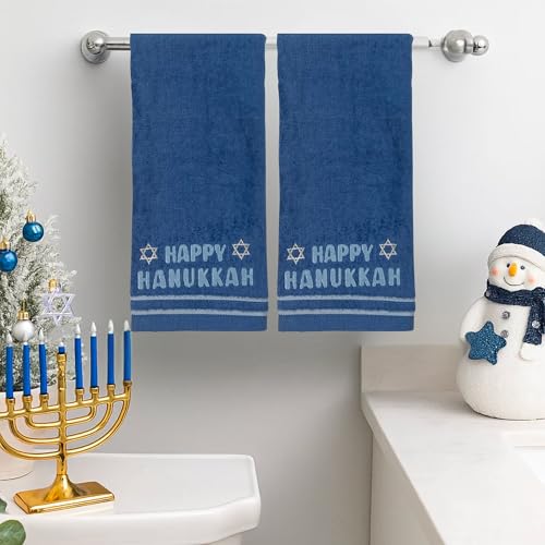 Hanukkah Bathroom Hand Towels – Set of 2 Blue 100% Cotton Embroidered “Happy Hanukkah” with Star of David Design – 25 x 16” Decorative Bath & Kitchen Towels - color: Hannukah