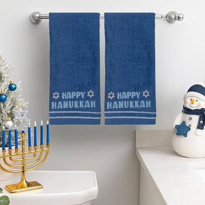Hanukkah Bathroom Hand Towels – Set of 2 Blue 100% Cotton Embroidered “Happy Hanukkah” with Star of David Design – 25 x 16” Decorative Bath & Kitchen Towels - color: Hannukah