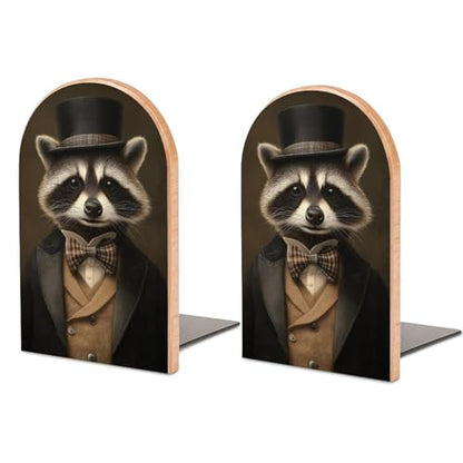 Raccoon in Formal Victorian Attire Wooden Bookends Shelves 2 PCS Sturdy Book Holders Desktop Organizer for Home Office Libraries
