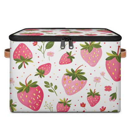 Storage Bin with Lid, Strawberry Stackable Closet Storage Bins, Decorative Bedroom Organizer Box, Lidded Baskets Living Room Storages Boxes Cube Organizer, Cute Container with Handles