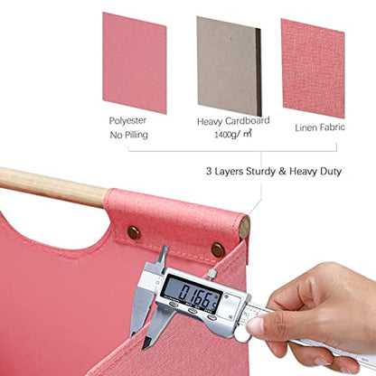 HOONEX Large Foldable Storage Bins, Linen Fabric, Pack of 2, Storage Baskets with Wooden Carry Handles and Sturdy Heavy Cardboard, for Home, Office, Car, Nursery, Pink - color: Pink