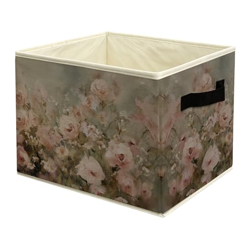 Vintage Pink Rose Floral Storage Basket Bin with Handles, French Country Cottagecore Flower Collapsible Fabric Storage Organizer for Shelves Closet Clothes Toys - color: colour 17