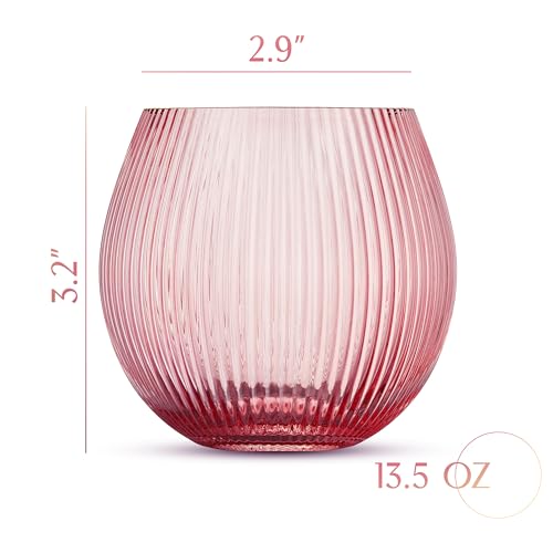 GLASSIQUE CADEAU Vintage Blush Pink Art Deco Gin and Tonic Glasses with Gold Rims | Set of 4 | 13.5 oz Stemless Crystal Balloons for Drinking Gin Cocktails | Retro Gift Goblets for Gin Lovers