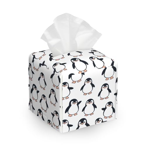 Tissue Box Cover Holder,Cute Cartoon Penguin Square with Bottom Belt by PU Leather Decorative Organizer for Tabletop, Bathroom, Car, Office - color: Cute Cartoon Penguin