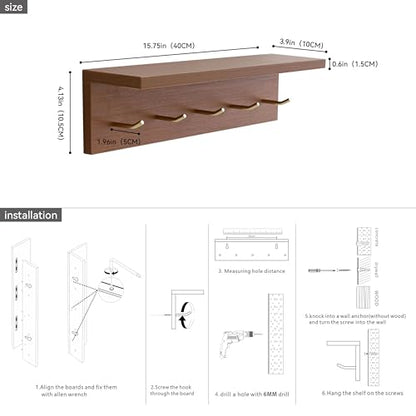 Marine Plywood Wall Mounted Coat Rack with Shelf & Key Hooks, 5 Brass Hooks Entryway Organizer, Modern Floating Shelf for Bedroom Hallway, Space-Saving Home Storage Rack (1, Teak Finish) - color: Teak Finish
