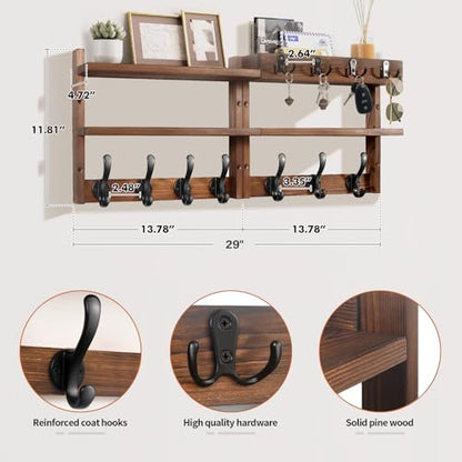 29" Coat Rack Wall Mount with Shelf, Pine Two-Tier Wall Shelf Mounted Coat and Key Hanger with 7 Heavy Duty Hooks 4 Key Hooks, Entryway Key Holder with Mail Holder for Bedroom,Living Room (Brown) - color: Brown Pine