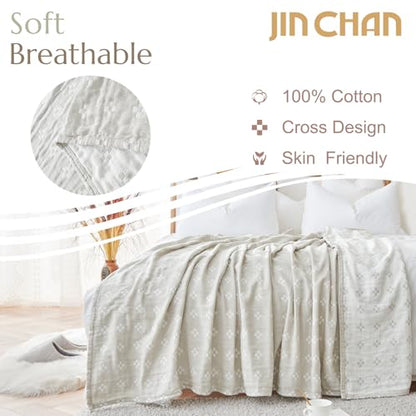 jinchan 100% Cotton Muslin Blanket Twin Boho Throw Blanket 50x60 Oatmeal | 3-Layer, Geometric Cross Quilt, Cooling Breathable Lightweight, for Adult, Soft, Reversible, Summer, Couch, Sofa, Bedroom - color: B. Cross Grey, size: 50"x60"