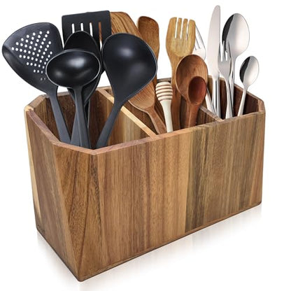 Large Kitchen Utensil Holder for Countertop – Acacia Wood Utensil Organizer with 3 Compartments, Beveled Edges Design, Non-Slip Silicone Pads & Drain Hole – Rustic Farmhouse Utensil Caddy Crock - size: 3 Compartment