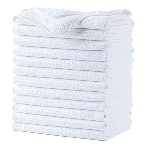 POLYTE 340 GSM Microfiber Waffle Kitchen Dish Tea Towel, 16x28 in, 12 Pack | Lint Free, Quick Dry - color: White, size: 16x28 in