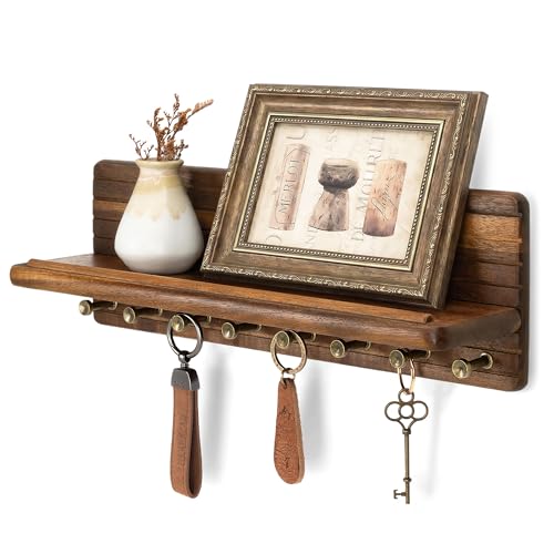 Rebee Vision Acacia Wood Key Holder Wall Mount with Shelf Home Decor, Brown | Key Holder for Wall, Round Corner, 8 Key Hooks for Dog Leash, Decorative Mail Organizer, New House Essentials, Home Storage - color: Acacia