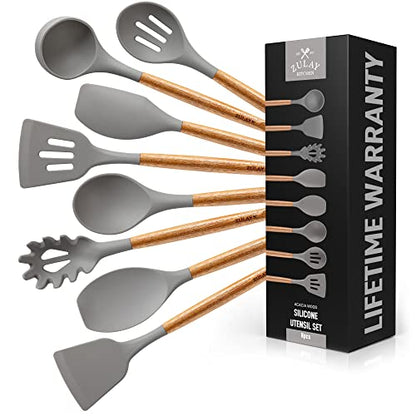 Zulay Kitchen 8 Piece Silicone Utensil Set | Non-Stick Silicone Cooking Utensils Set with Acacia Wood Handles - 464°F Heat Resistance Kitchen Utensils Set - Gray - color: Elegant Grey, size: 8-Piece Set