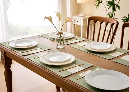 Wracra Linen Placemats, 12 x 18 Inch Set of 4 Placemats, Farmhouse Macrame Place Mats for Kitchen Table and Heat Resistant-Hemstitch Sage Green 4PCS - color: Sage Green, size: 12×18 Inch (Set of 4)