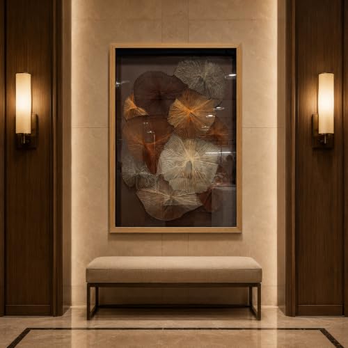 BrightA Large String Nail Thread Art 3D Floral Wall Hanging Sculpture | Hand crafted metal pin and fiber radial bloom panels with layered botanical geometry 27.5"x39.4" - color: Brown + Gold + Dark Red + Natural wood tone, size: 27.5"x39.4"