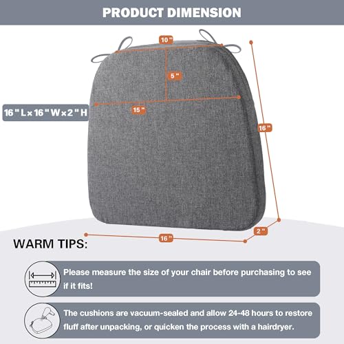 Battilo Chair Cushions for Dining Chairs with Ties, Waterproof Kitchen Chair Pad with Non-Slip Backing, Seat Cushions with Machine Washable Removable Cover, 16"x16"x2", Set of 2, Dark Grey - color: Dark Grey, size: 2 Count(Pack of 1)