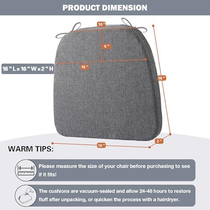 Battilo Chair Cushions for Dining Chairs with Ties, Waterproof Kitchen Chair Pad with Non-Slip Backing, Seat Cushions with Machine Washable Removable Cover, 16"x16"x2", Set of 2, Dark Grey - color: Dark Grey, size: 2 Count(Pack of 1)