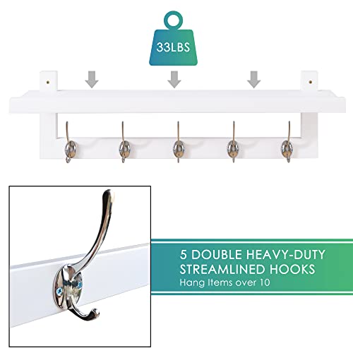 SMIBUY Coat Hooks with Shelf Wall-Mounted, 29.2 Inch Entryway Coat Rack for Wall, Bamboo Hanging Shelf with 5 Double Metal Hooks for Bathroom, Bedroom, Kitchen, Living Room, Mudroom (White) - color: White