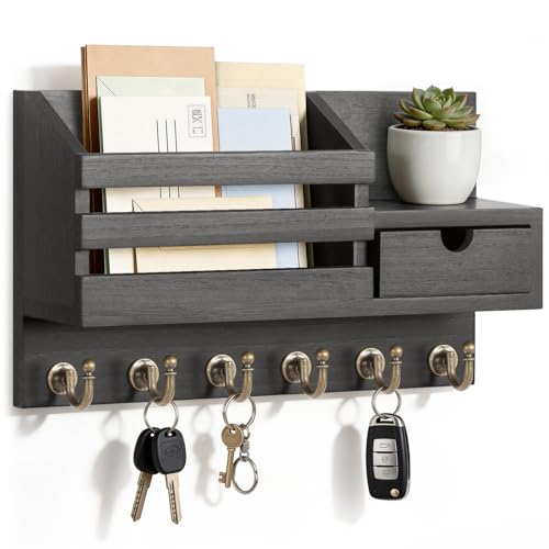 FifthQuarter Key Holder Wall Mount with Drawer and 6 Sturdy Hooks, A-Black | Cute Rustic Farmhouse Wooden Key Hooks for Wall, Reliable Entryway Organizer for Keys and Daily Essentials, Easy Installation - color: A-Black