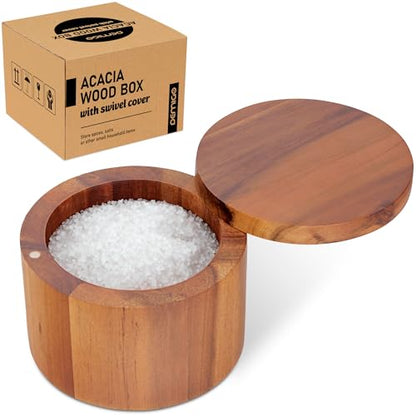 Demigo Acacia Wood Salt Cellar, 9 oz Salt Box with Swivel Lid, Spice Jar | Wooden Salt Keeper & Seasoning Storage for Kitchen Counter, Holds Table Salt, Sea Salt, Herbs, Pepper & Sugar - color: Acacia Original Salt Box