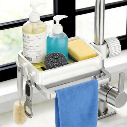 Sink Caddy Kitchen Sink Organizer, 360° Rotating Faucet Sponge Holder for Kitchen Sink with Pull-Out Drain Tray 3 Compartments Hanging Sink Caddy for Sponge Dish Brush Cloth,White