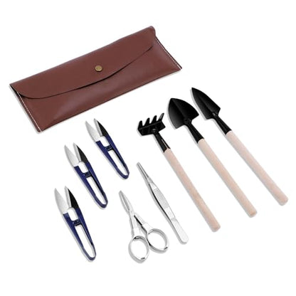 Bonsai Set 8 Pcs, Bonsai Tools Kit, Garden Tools Set | Include Pruner, Fold Scissors, Mini Rake, Bud & Leaf Trimmer Set