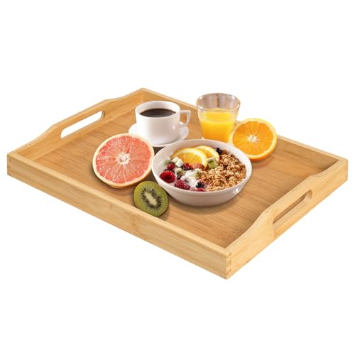 RRX Bamboo Food Serving Tray with Handles,Breakfast Bed Tray (Beige) | Wood Tray for Tea, Snack, Dinner, Home Decorative Storage Food, Platter, Ottoman for Kitchen Counter, Bathroom, Restaurant - color: Beige