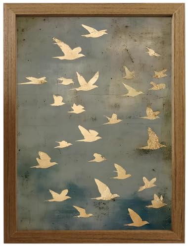 Framed Vintage Bird Wall Art Canvas, Abstract Neutral Landscape Painting with Gold Flock of Birds Wall Decor,Minimalist Nature Prints, Wood Framed Artwork for Bedroom Living Room Office 12x16in - color: hainiao, size: 16"L x 12"W