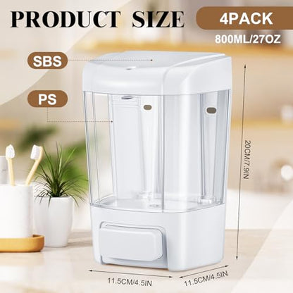 Hushee 4 Pcs Wall Mounted Soap Dispenser,27 Oz 800 Ml,White | Manual Press, 800ml 27oz Capacity Clear Window, For Restaurant Bathroom Kitchen Hotel, Liquid Soap Shampoo Dispenser - color: White, size: 27 oz 800 ml