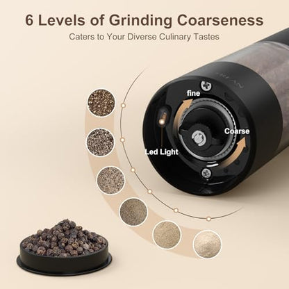 Ultrean Pepper Grinder, Rechargeable Salt and Pepper Grinder with 6 Adjustable Coarseness, LED Light, Automatic Grinder for Kitchen, Home and Kitchen Appliances Birthday Gifts for Women, Black - color: Black