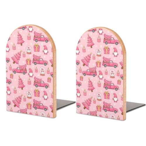 Heavy Duty Wood Book Ends with Metal Base Bookends for Shelves, Pink Santa | Claus, Decorative Book Organizers, Support for Movies, Magazines, DVDs, 1 Pair - color: Style(622)