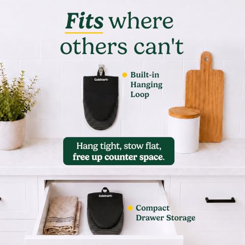 Cuisinart Mini Oven Mitts, 2-Pack 5"x8.5", Heat Resistant 500F | Compact pot holder for baking, air fryer, and cookware, silicone non-slip grip, hanging loop, fits either hand, wipes clean - color: Black