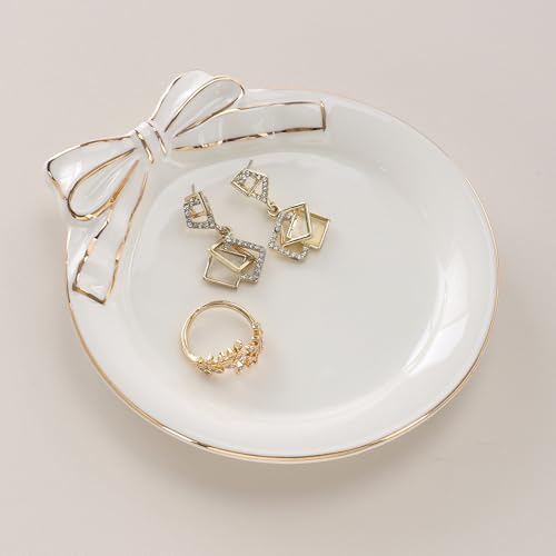 Ceramic Ring Dish with Bow,Engagement Wedding Gifts for Women-Decorative Jewelry Tray for Rings,Earrings,Trinket Tray Plate,Key Bowl-Birthday Basket Gift Idea for Women