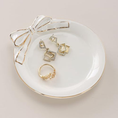 Ceramic Ring Dish with Bow,Engagement Wedding Gifts for Women-Decorative Jewelry Tray for Rings,Earrings,Trinket Tray Plate,Key Bowl-Birthday Basket Gift Idea for Women