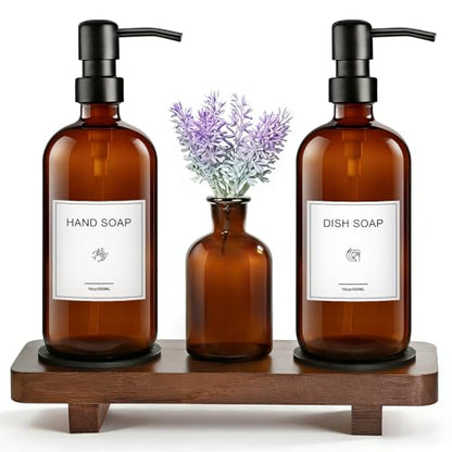 KEYWING 16oz Amber Glass Kitchen Soap Dispenser Set with Wood Tray | Hand and Dish Soap Dispenser Set with Stainless Steel Pumps, Waterproof Labels, Non-Slip Silicone Pads, for Kitchen, Bathroom