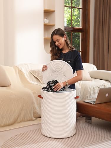 16"x20" Extra Large Cotton Rope Basket with Zipper Lid, Woven Laundry Hamper and Blanket Storage Basket, Round Clothes Bin for Living Room Bedroom, White - color: All White