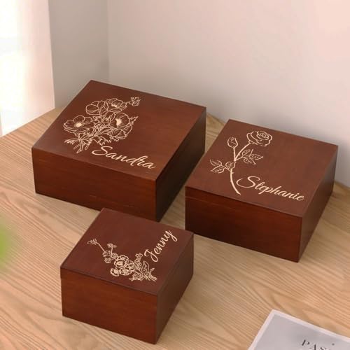 Personalized Wooden Memory Keepsake Box Custom with Birth Flower & Message | Jewelry, Photos & Memento Storage Chest, Customize Floral Design Wood Gift Box for Women, Mom & Girls, for Birthday Christmas - size: 5.9"L x 5.9"W x 3.9"H, style: Birth Flower