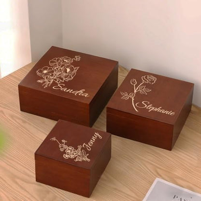 Personalized Wooden Memory Keepsake Box Custom with Birth Flower & Message | Jewelry, Photos & Memento Storage Chest, Customize Floral Design Wood Gift Box for Women, Mom & Girls, for Birthday Christmas - size: 7.7"L x 7.7"W x 3.9"H, style: Birth Flower