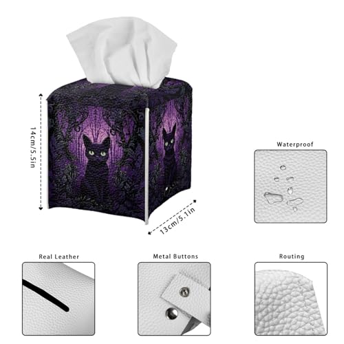 Black Cat Tissue Case Cover Square,Halloween PU Leather Tissue Case Ghost Flower Tissues Cube Box Holder with Bottom Belt Dispenser for Bathroom,Vanity Countertop,Night Stands,Desk,Car - color: Black Cat Ghost Flower Halloween