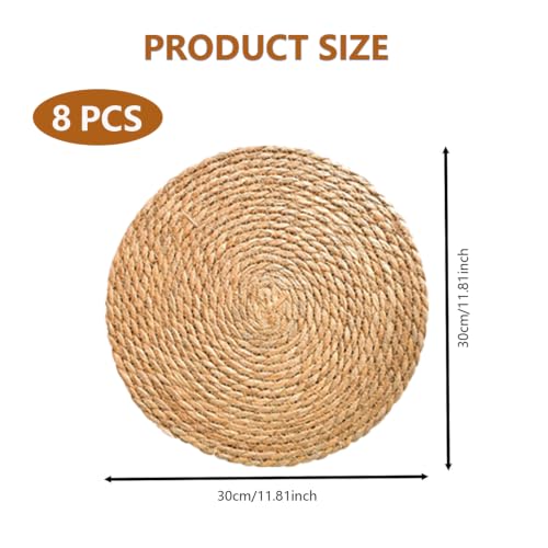 8 Pack 12 Inch Round Wicker Woven Placemats | Natural water hyacinth braided rattan mats, boho farmhouse style for indoor & outdoor table decor - size: 12 Inch Set of 8