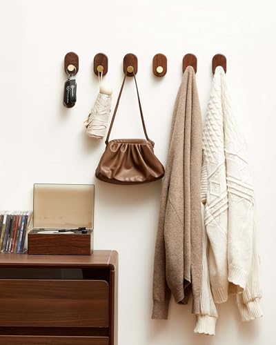 Wood Coat Hooks Wall Mount - Modern Walnut Coat Hook with Brass Accent for Hanging Clothes,Keys,Purse,Robes,Towel,Backpacks, Single Brass Wall Hooks Heavy Duty for Entryway, Closet, Bathroom (6 Pack) - size: HT-6Pack