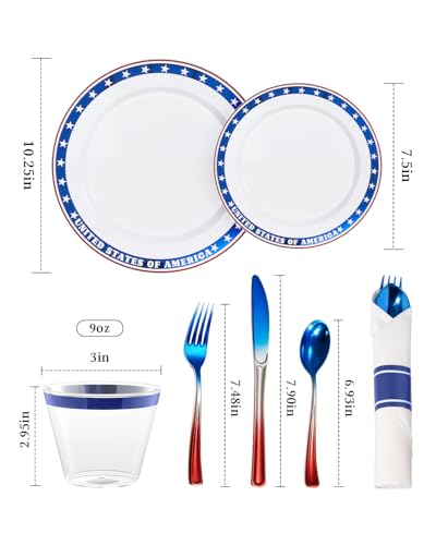 350 Piece 4th of July Blue Star Plastic Dinnerware Set | Disposable Dinnerware Includes: 100 Plates, 50 Pre Rolled Napkins with Silverware, 50 Cups - color: Red Blue, style: 350 Piece (50 guests)