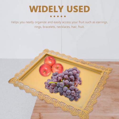 Ipetboom Rectangular Iron Serving Tray Decorative Food Plate with Hollow Lace Edge Gold Finish Multi-functional Fruit and Snack Display Dish for Home Entertaining