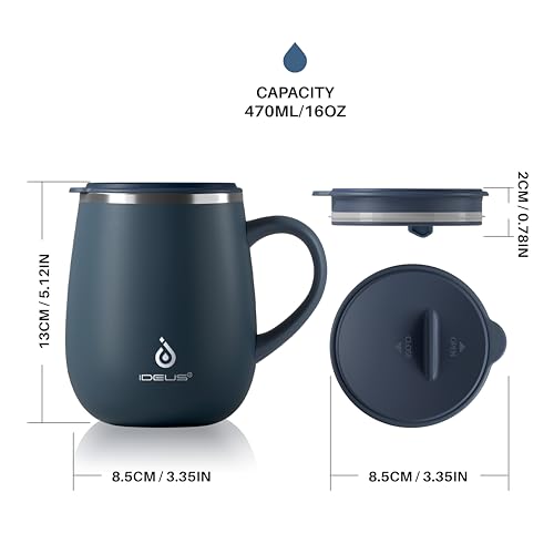 Ideus 16 oz Insulated Coffee Mug with Handle and Lid, Double Wall Stainless Steel Vacuum Thermal Coffee Mug, Travel Coffee Cup Thermal Cup for Home and Office (Navy Blue 2.0, FUJI DAWN) - color: Navy Blue 2.0