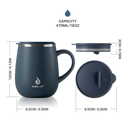 Ideus 16 oz Insulated Coffee Mug with Handle and Lid, Double Wall Stainless Steel Vacuum Thermal Coffee Mug, Travel Coffee Cup Thermal Cup for Home and Office (Navy Blue 2.0, FUJI DAWN) - color: Navy Blue 2.0