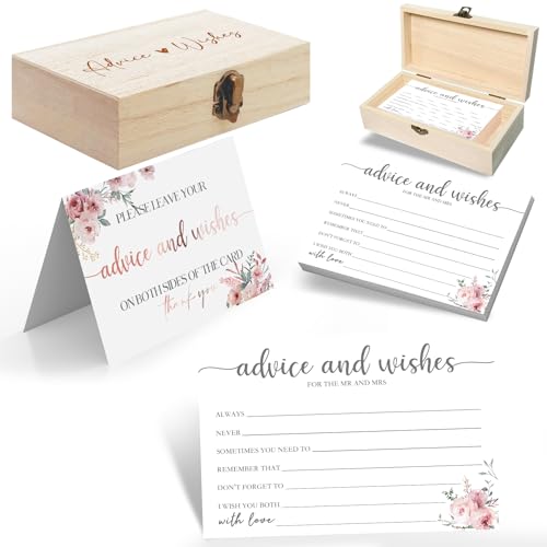 Advice and Wishes Cards with Keepsake Wooden Box - 60 Rose Gold Floral Message Cards & Sign - Wedding Guestbook Alternative, Bridal Shower Game, Engagement Party Supplies - color: ROSE FLORAL