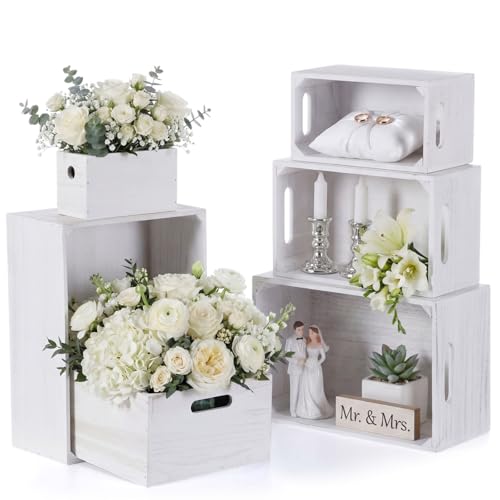AceOrbit Set of 6 Wood Crates with Handles, Rustic Decorative Storage Boxes Distressed Wooden Nesting Display Baskets for Farmhouse, Wedding, Party Storage Display Supplies(Vintage White) - color: Vintage White