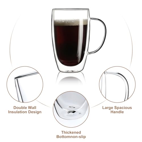 Aurzen 2 Pack Double Walled Glass Coffee Mugs with Handles, Large Insulated Layer Coffee Cups, 15oz Clear Borosilicate Mugs, Perfect for Cappuccino, Tea, Microwave Safe - color: 15oz-2Pack