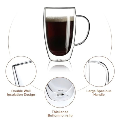 Aurzen 2 Pack Double Walled Glass Coffee Mugs with Handles, Large Insulated Layer Coffee Cups, 15oz Clear Borosilicate Mugs, Perfect for Cappuccino, Tea, Microwave Safe - color: 15oz-2Pack